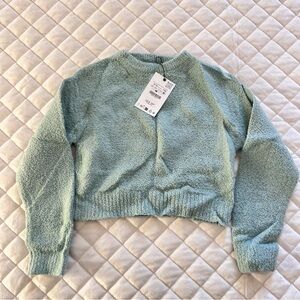 NWT Zara girls teal blue cropped long sleeve sweater size 9-10 years